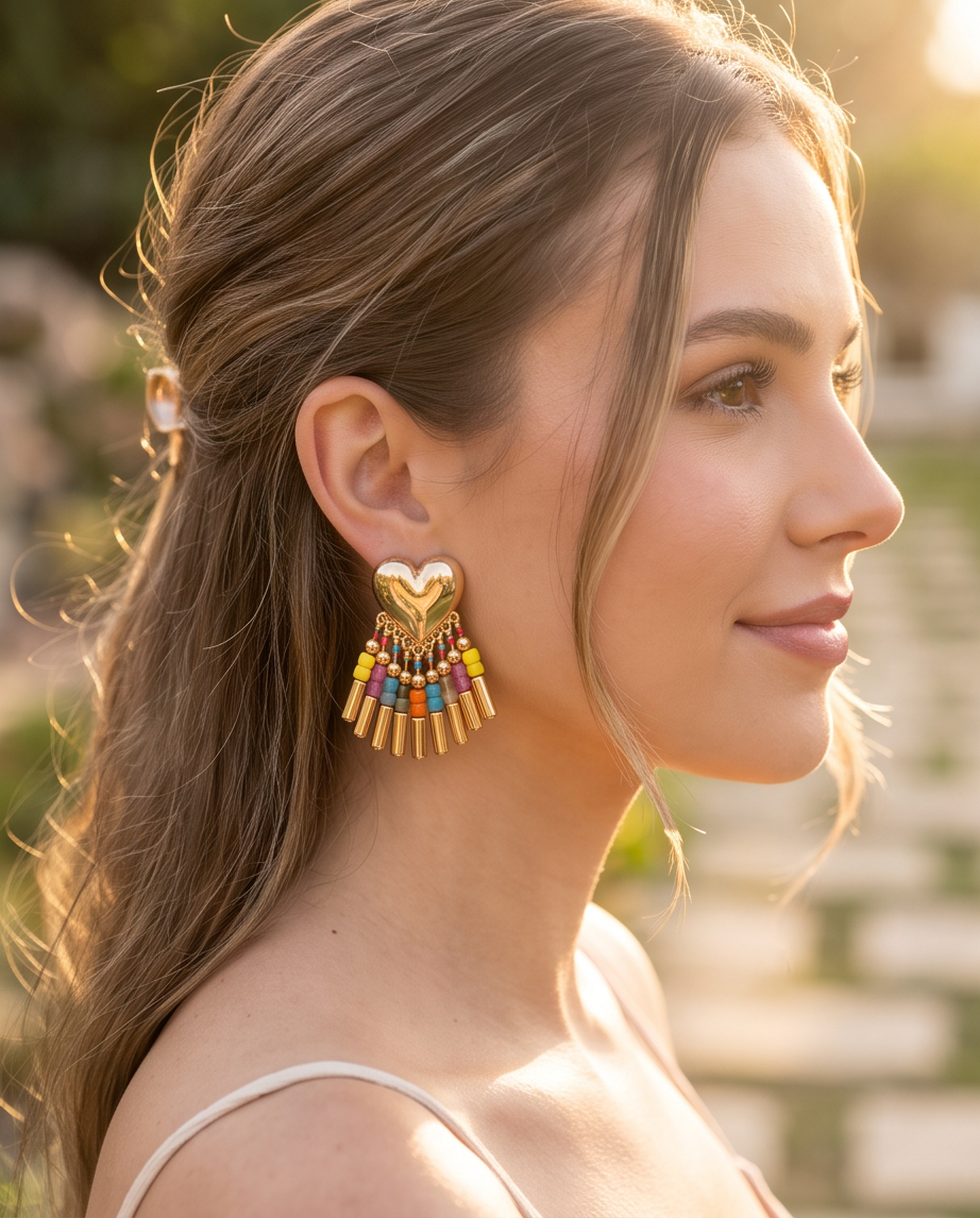 Gold Puffed Heart Rainbow Beaded Fringe Earrings