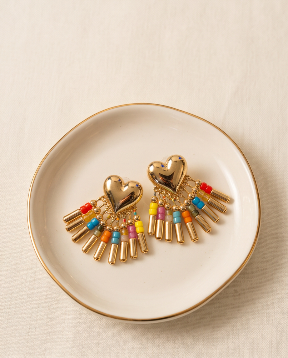 Gold Puffed Heart Rainbow Beaded Fringe Earrings