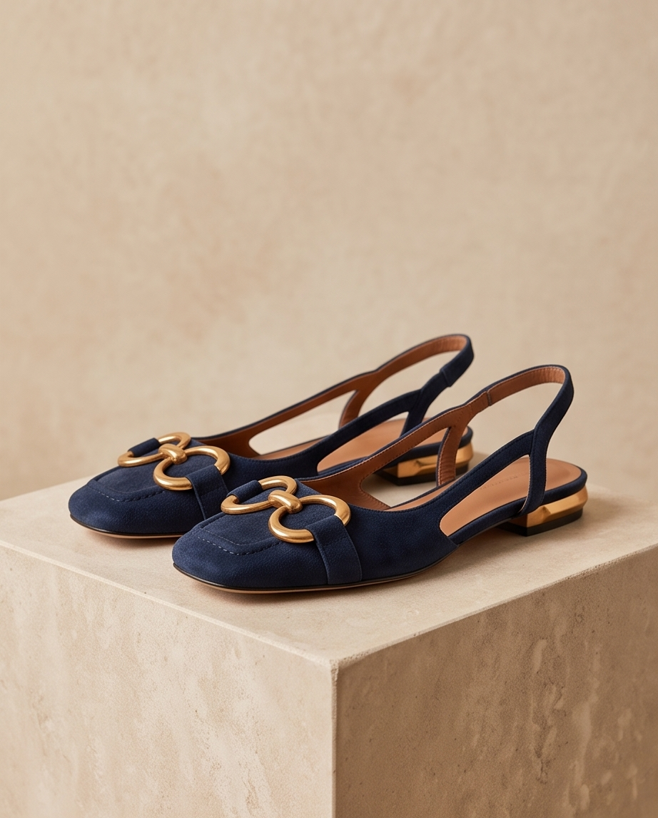 Navy Gold Horsebit Slingback Ballet Flats