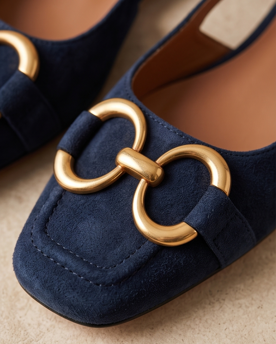 Navy Gold Horsebit Slingback Ballet Flats