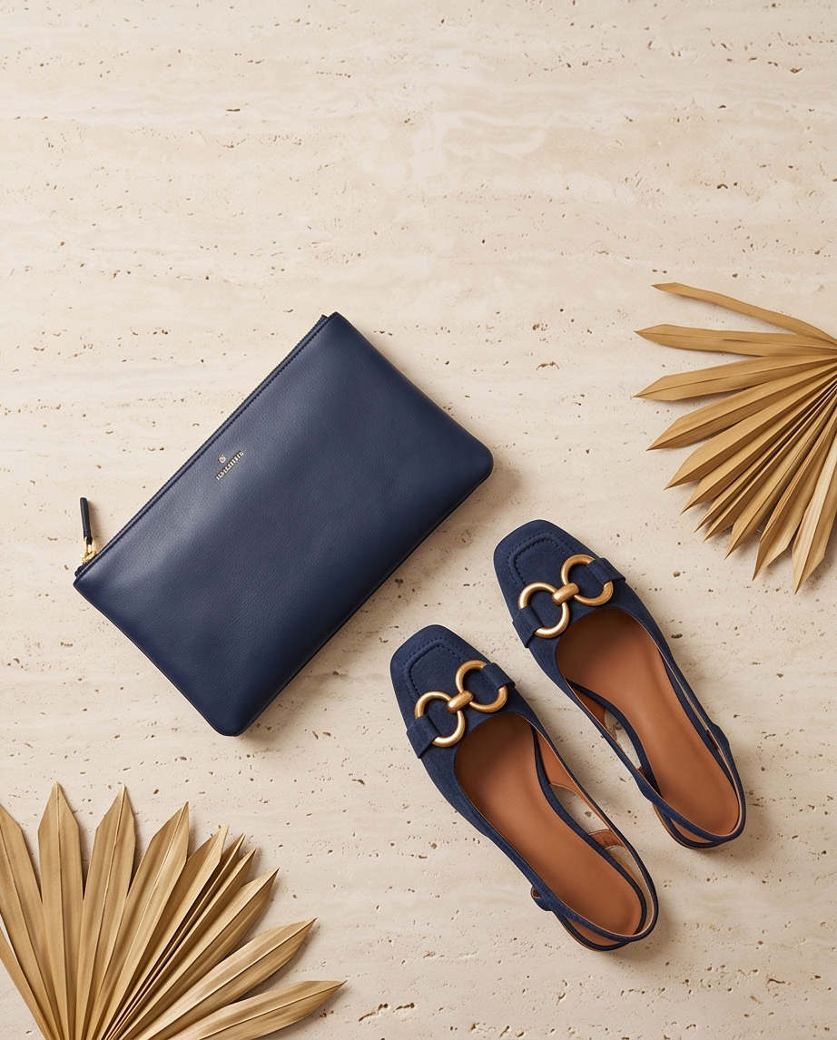 Navy Gold Horsebit Slingback Ballet Flats