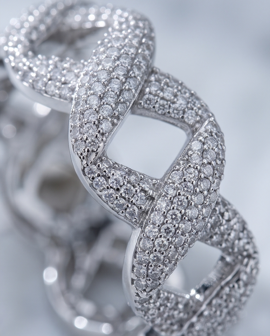 Silver pavé chain link hoop earrings worn on model