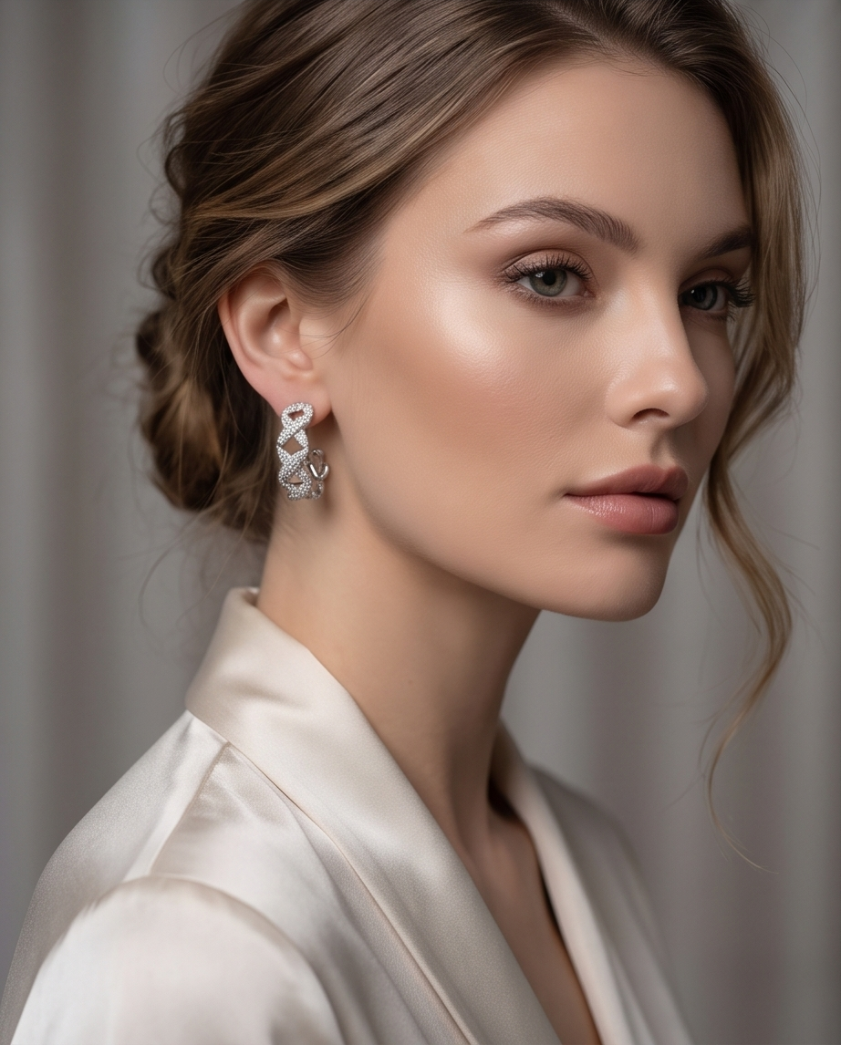 Silver pavé chain link hoop earrings on marble surface