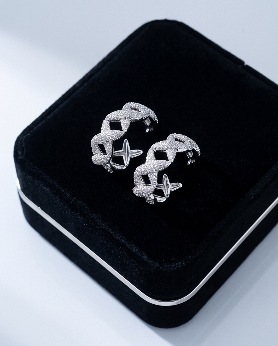 Silver pavé chain link hoop earrings in black velvet jewellery box