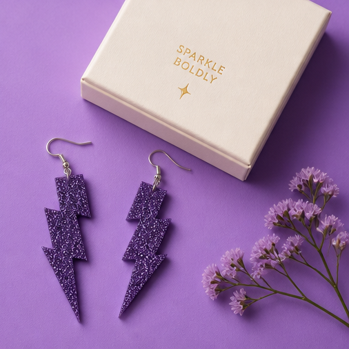 Purple Glitter Lightning Bolt Drop Earrings - marble flat lay