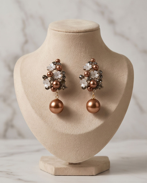 Bronze Pearl & Crystal Flower Cluster Drop Earrings - model lifestyle