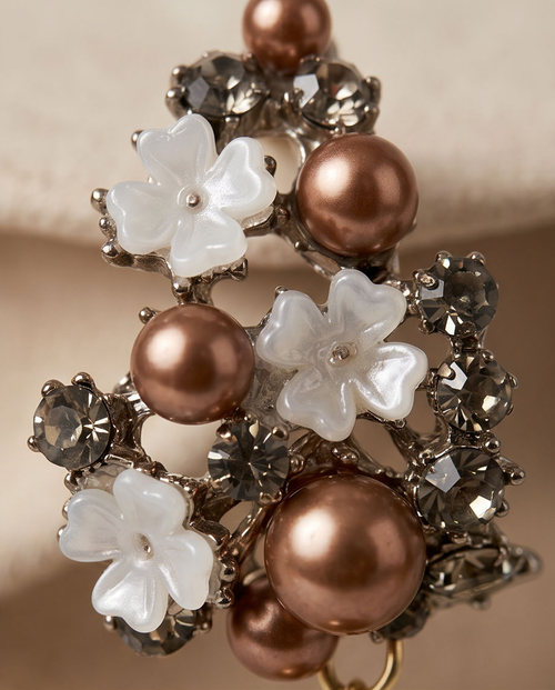 Bronze Pearl & Crystal Flower Cluster Drop Earrings - marble flat lay with jewellery box