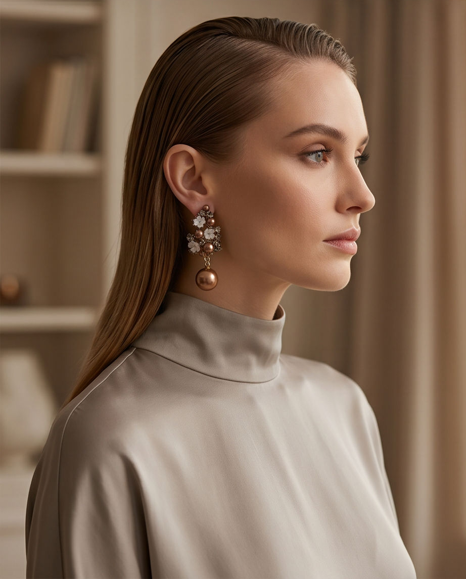 Bronze Pearl & Crystal Flower Cluster Drop Earrings - jewellery bust display