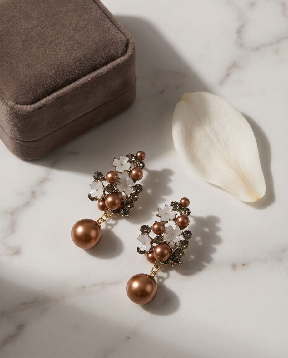 Bronze Pearl & Crystal Flower Cluster Drop Earrings - macro detail close up