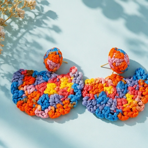 Multicolour Crochet Fan Drop Earrings - lifestyle model