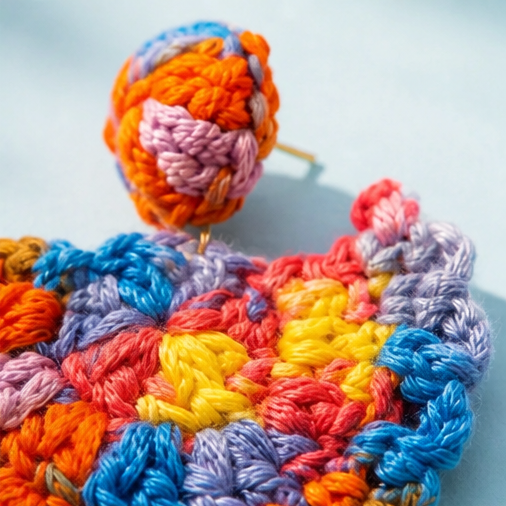 Multicolour Crochet Fan Drop Earrings - close up detail