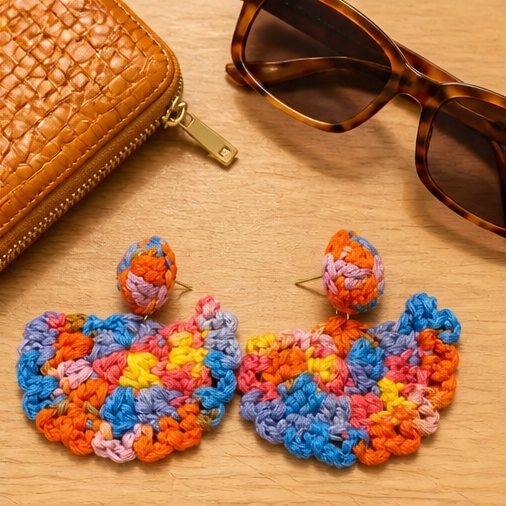 Multicolour Crochet Fan Drop Earrings - styled with accessories