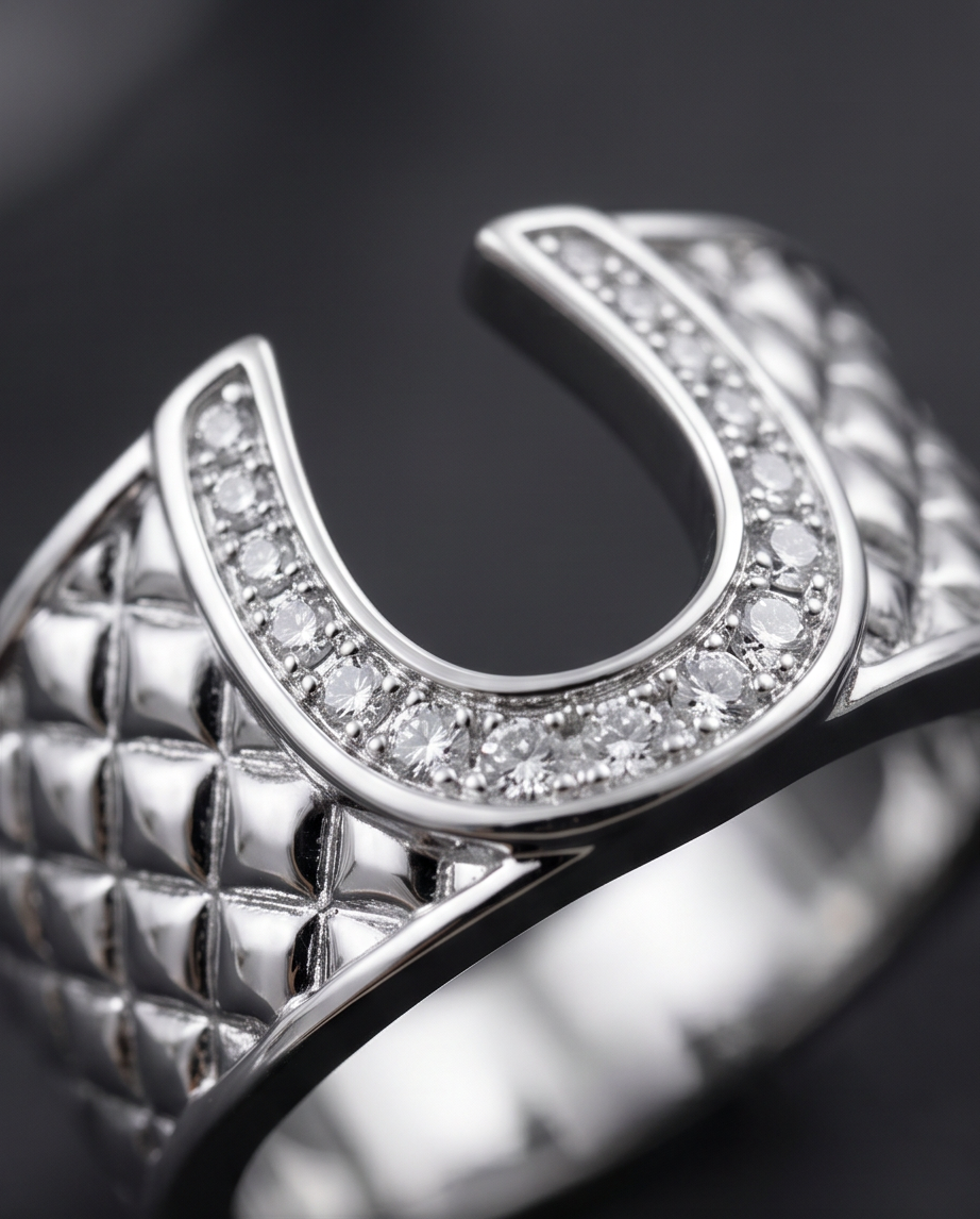 Model wearing silver crystal pavé horseshoe quilted ring on grey satin