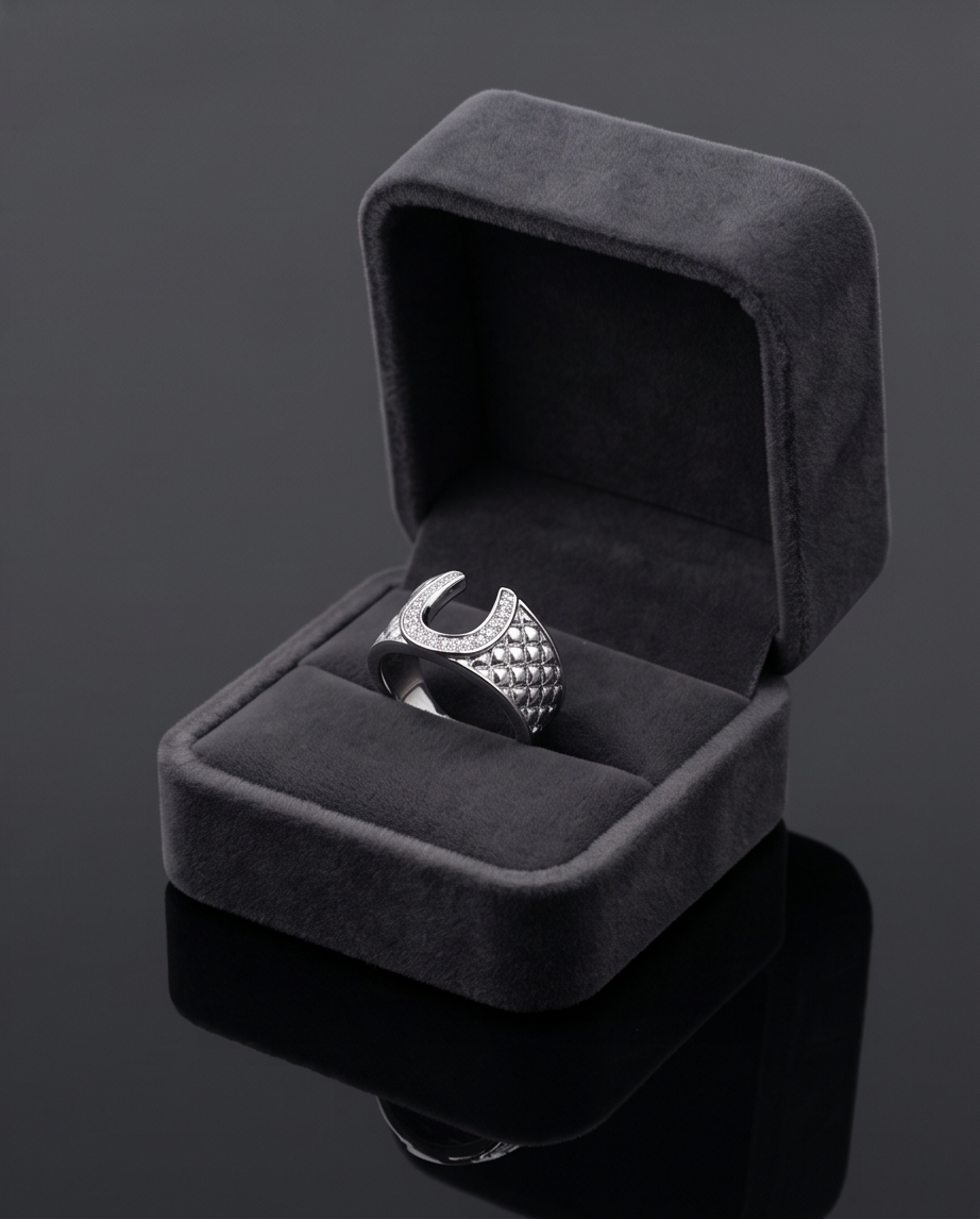 Silver crystal pavé horseshoe quilted ring in grey velvet jewellery box