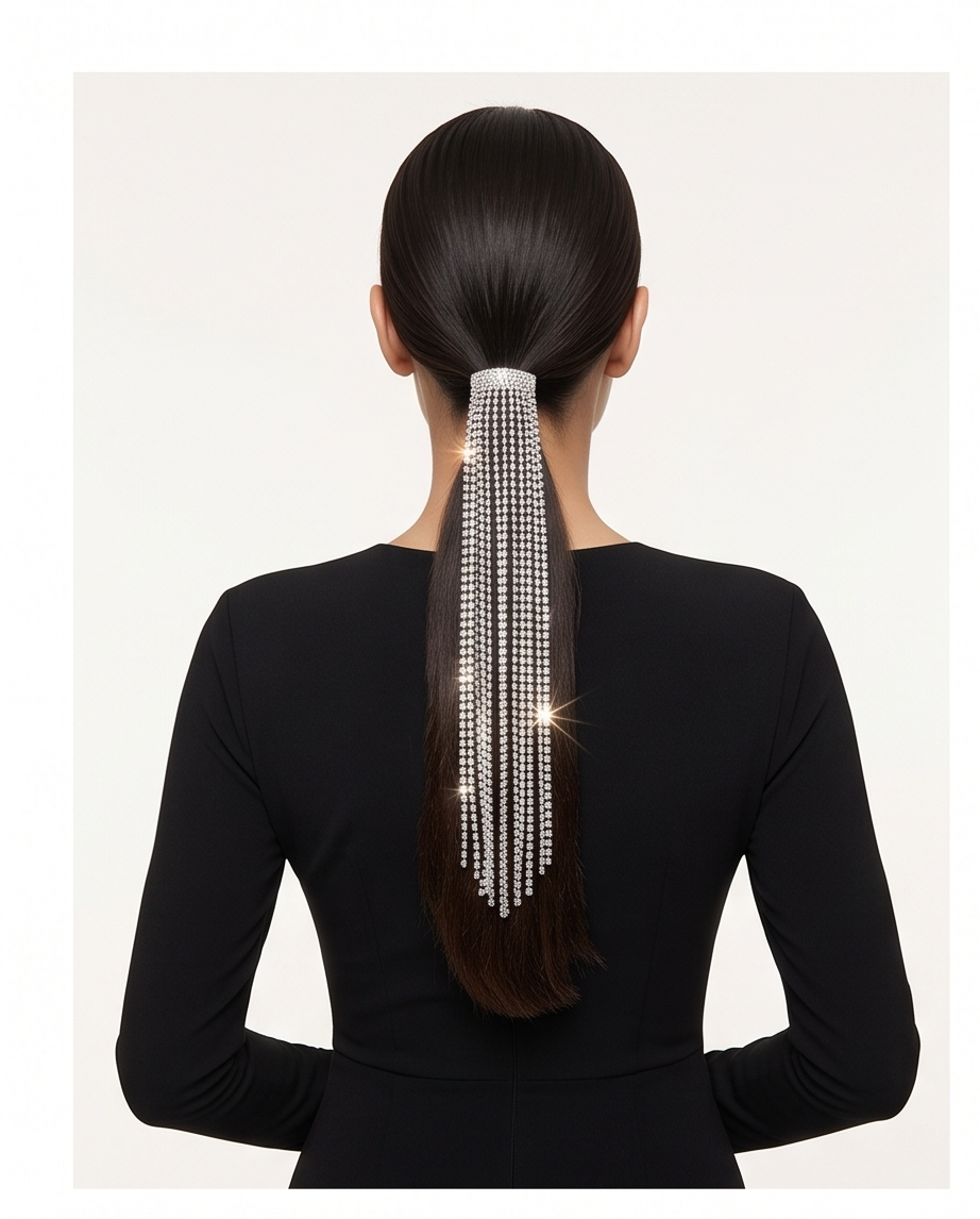 Crystal rhinestone fringe ponytail hair wrap worn on model at gala event in black backless dress