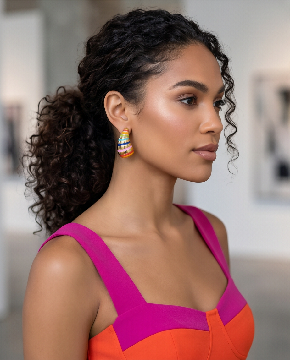 Rainbow Stripe Enamel Teardrop Earrings - close up detail