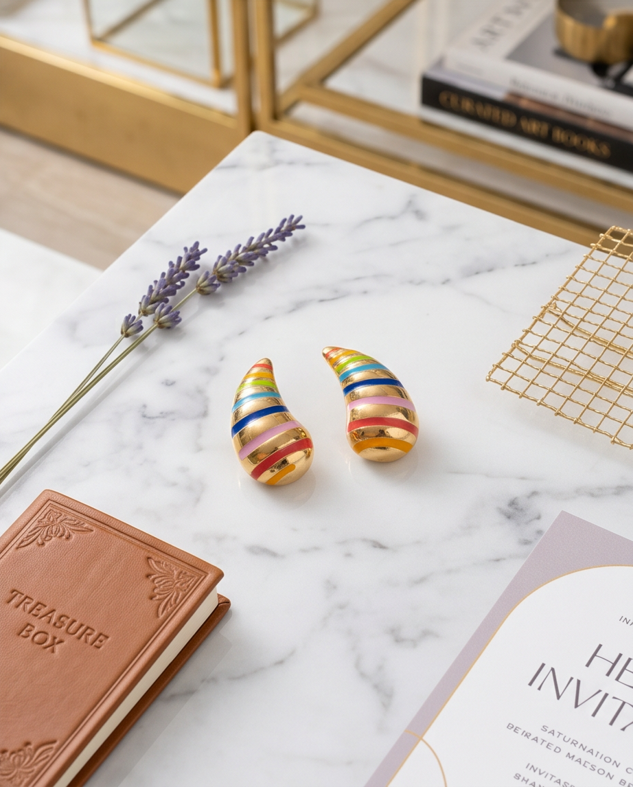 Rainbow Stripe Enamel Teardrop Earrings - marble flat lay