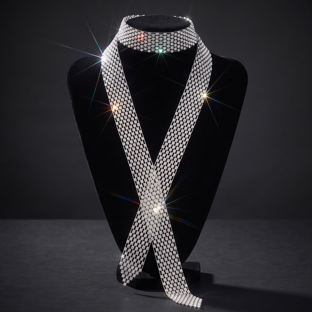 Crystal rhinestone mesh scarf choker worn on model with backless black dress