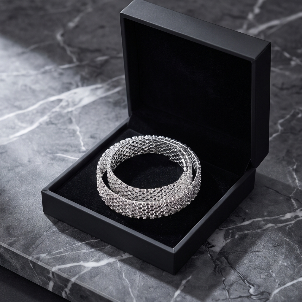 Crystal rhinestone mesh scarf choker coiled in luxury black gift box on marble