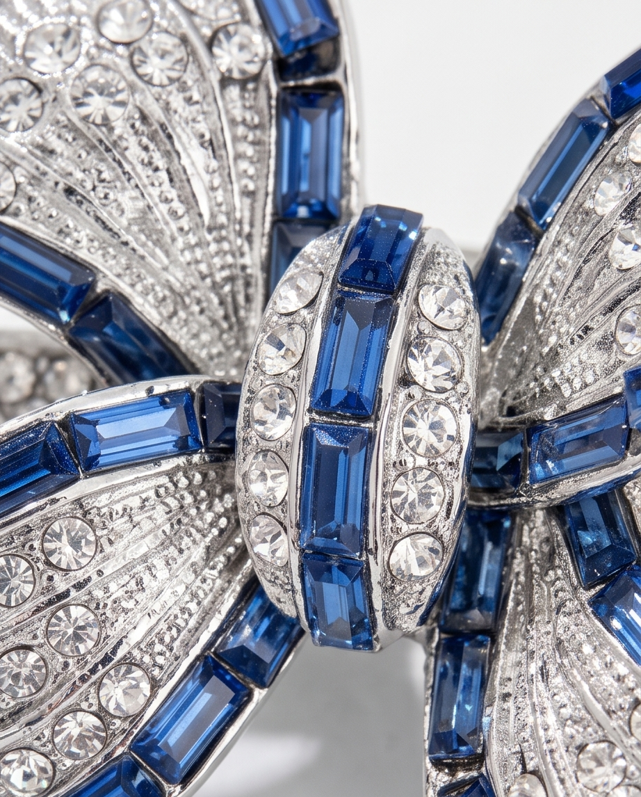 Silver & Blue Sapphire Crystal Bow Brooch in blue velvet jewellery box