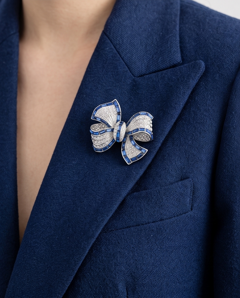 Silver & Blue Sapphire Crystal Bow Brooch close-up crystal detail