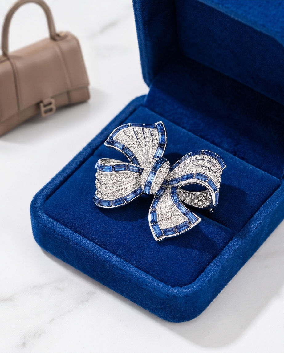 Silver & Blue Sapphire Crystal Bow Brooch worn on navy blazer lapel