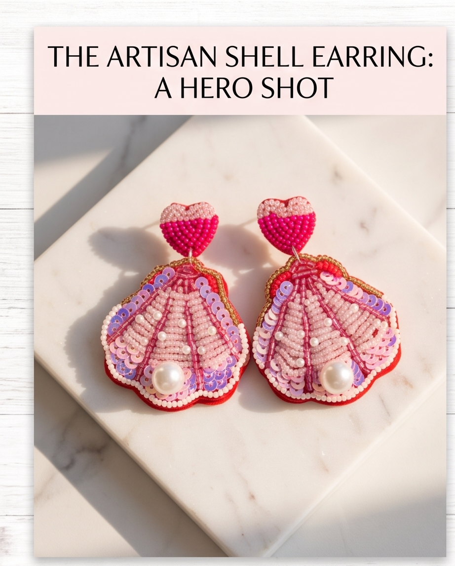 Pink Beaded Sequin Shell Heart Drop Earrings