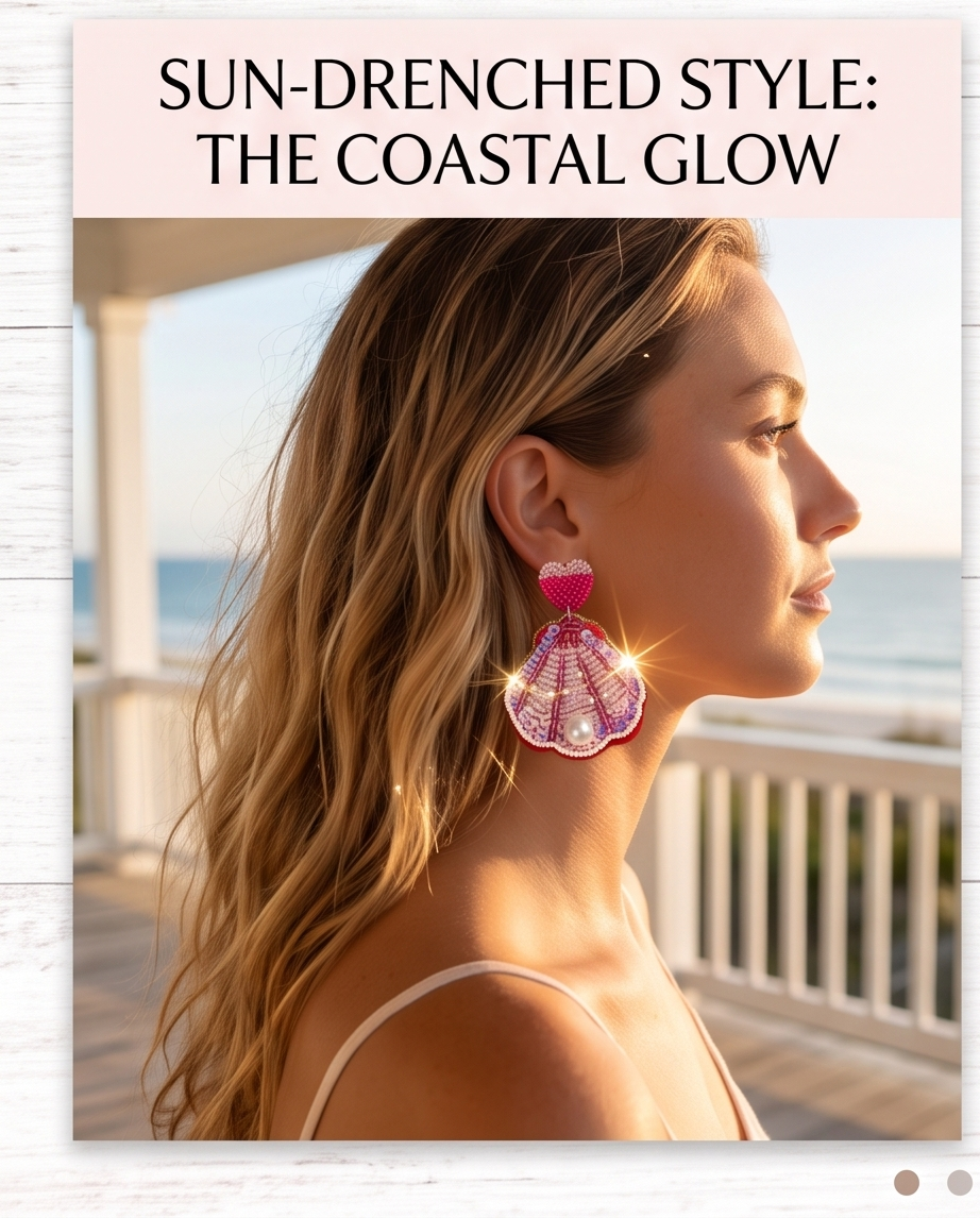 Pink Beaded Sequin Shell Heart Drop Earrings