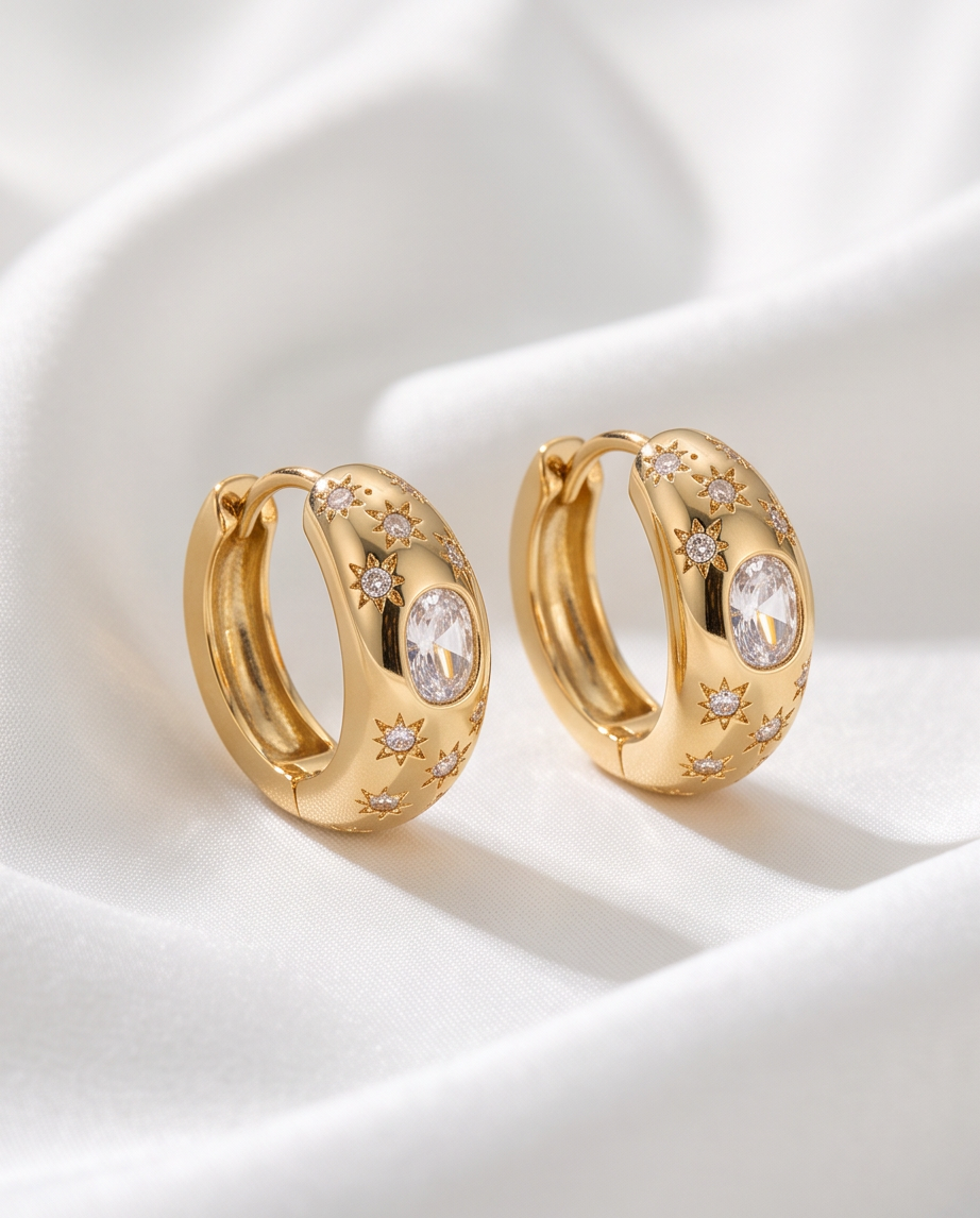 Gold Celestial Star Hoop Earrings — close-up ring detail