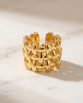 Gold Woven Basket Weave Wide Band Ring in cream velvet gift box