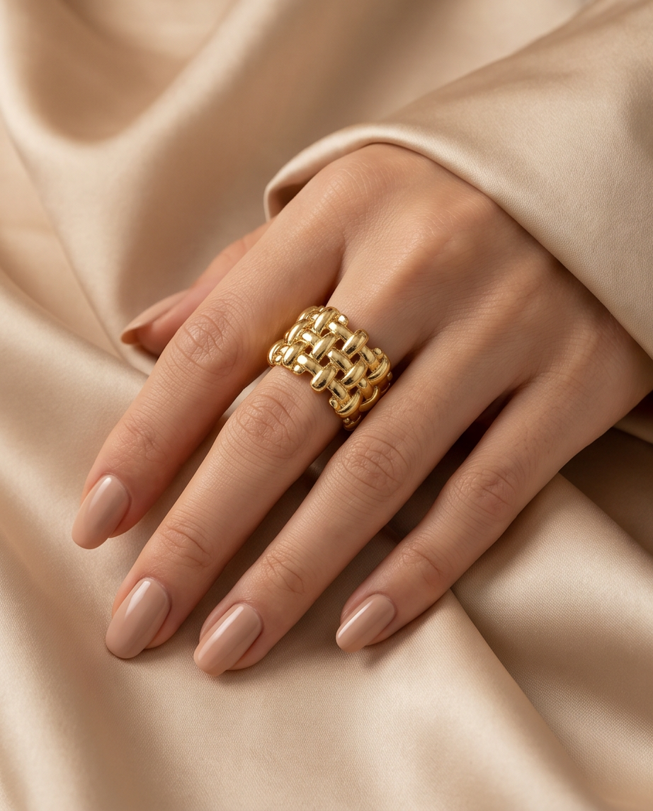 Gold Woven Basket Weave Wide Band Ring macro close-up showing interlocking link detail