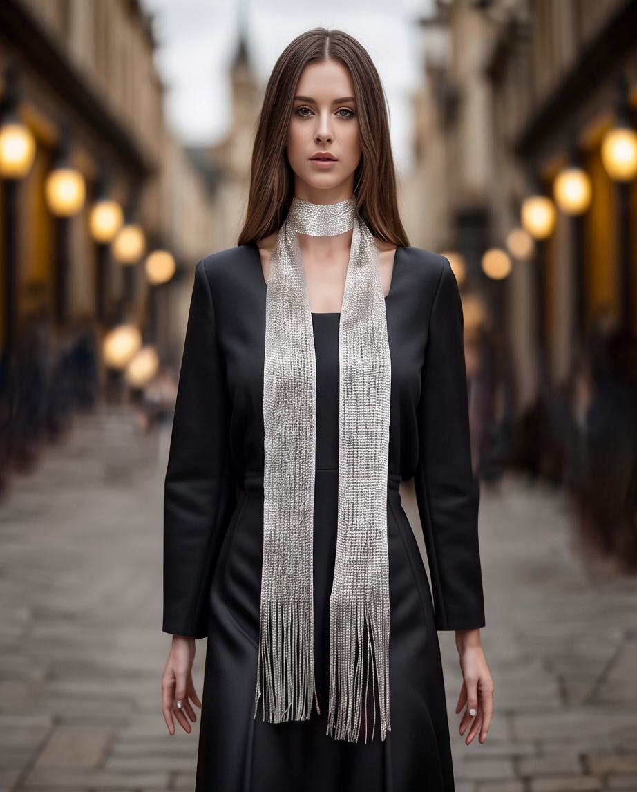Silver Crystal Mesh Fringe Scarf Necklace