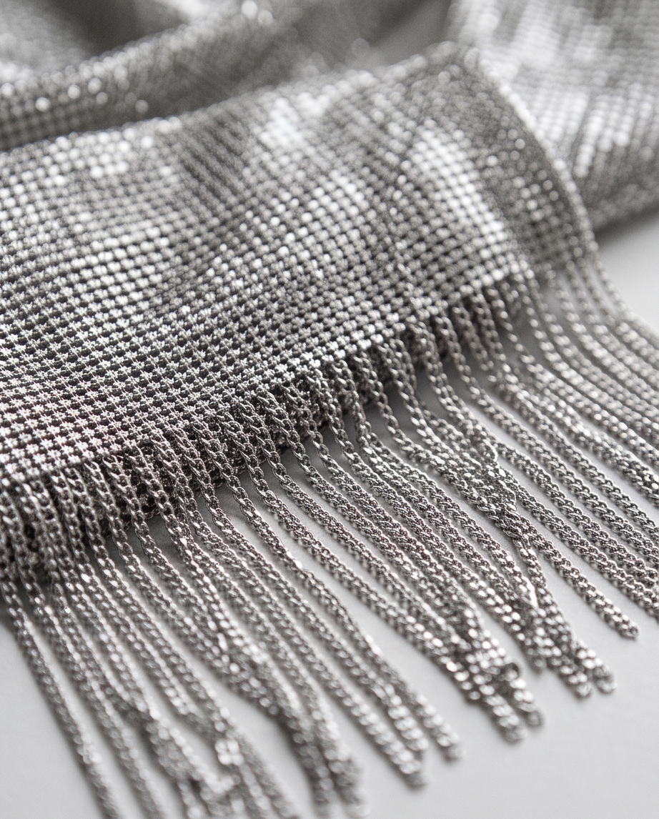 Silver Crystal Mesh Fringe Scarf Necklace