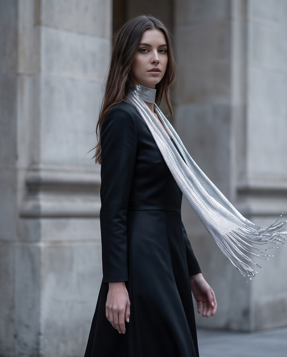 Silver Crystal Mesh Fringe Scarf Necklace