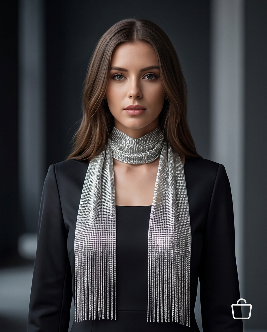 Silver Crystal Mesh Fringe Scarf Necklace