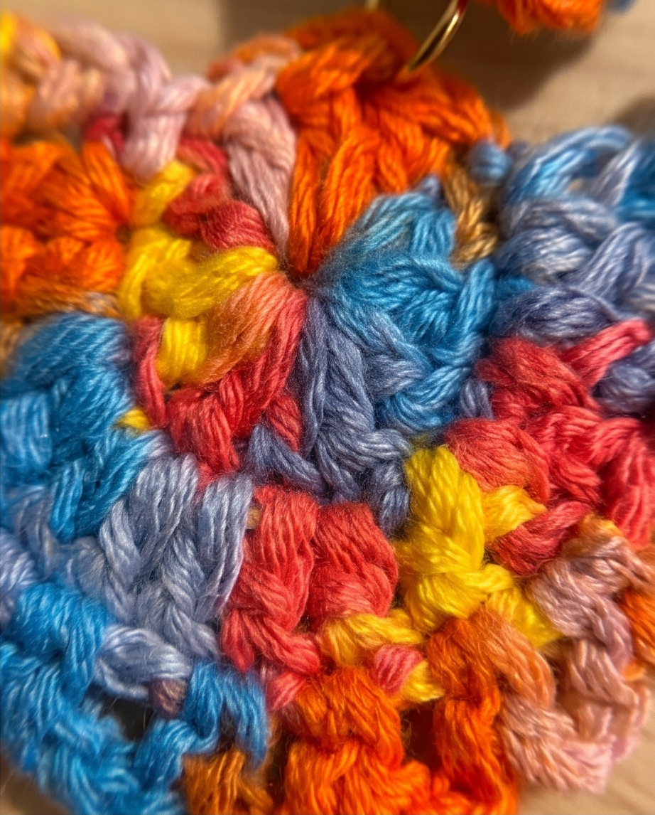 Close-up detail of hand-crocheted multicolour yarn texture on rainbow fan earring