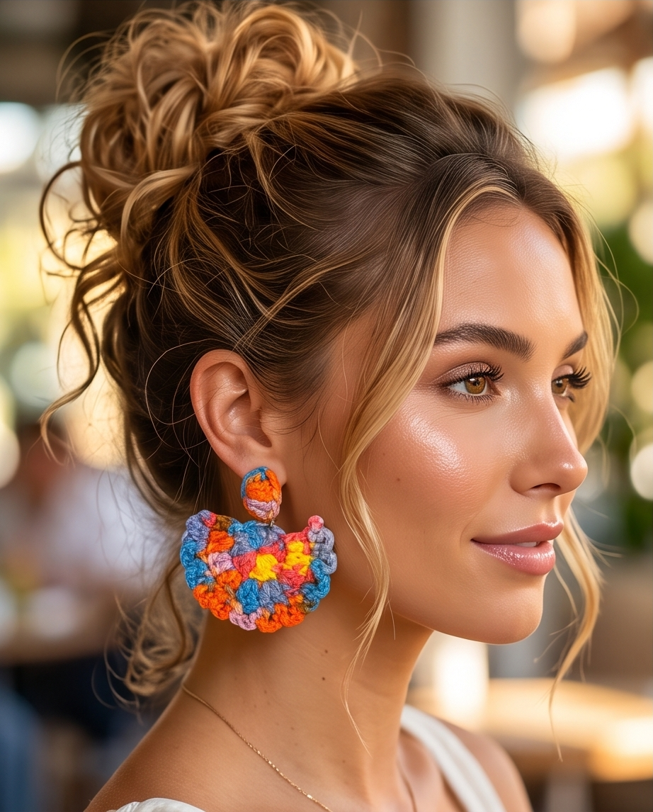 Rainbow crochet fan drop earrings worn by model with updo hairstyle at outdoor cafe
