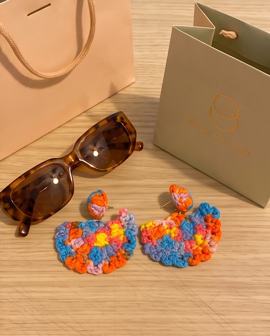 Rainbow crochet fan drop earrings flat lay with sunglasses and Wisteria & Co. gift bag