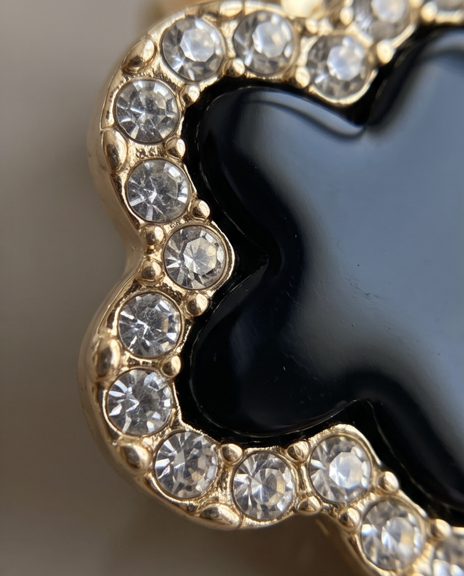 Black enamel clover crystal clip earrings - limited edition promotional