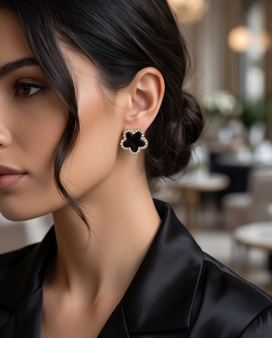 Black enamel clover crystal clip earrings - pair product shot