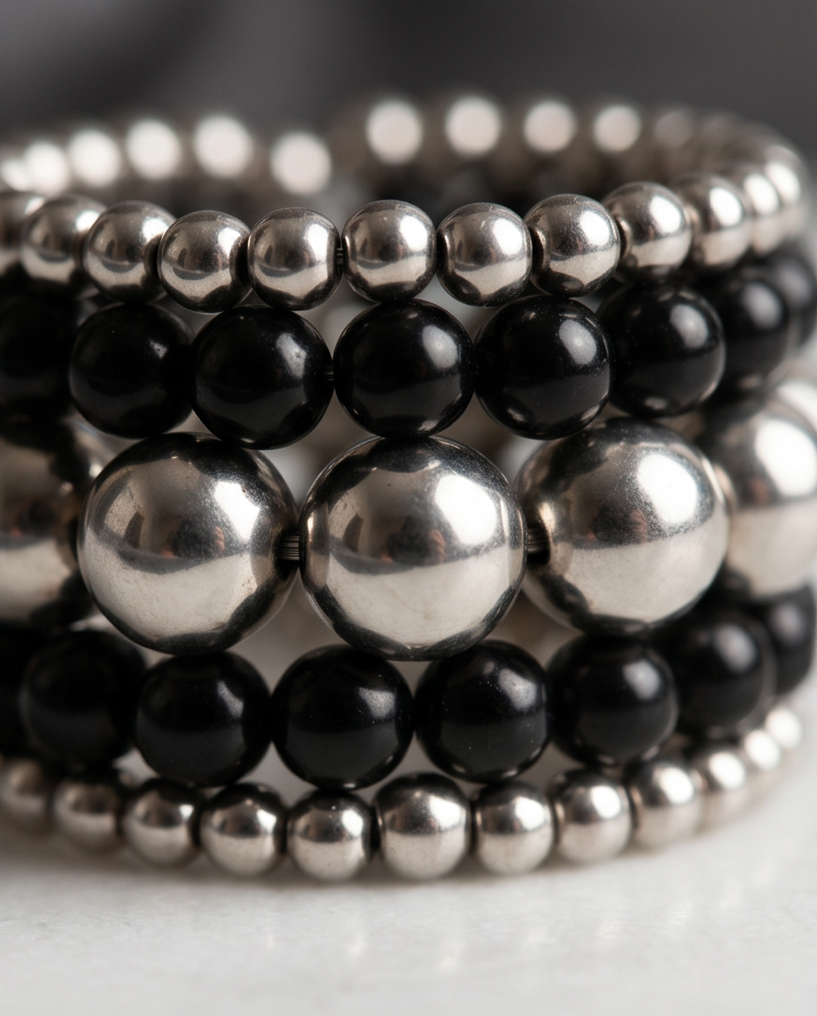 Black Onyx & Silver Bead Stacked Wide Band Ring worn on white female hand resting on grey velvet chair