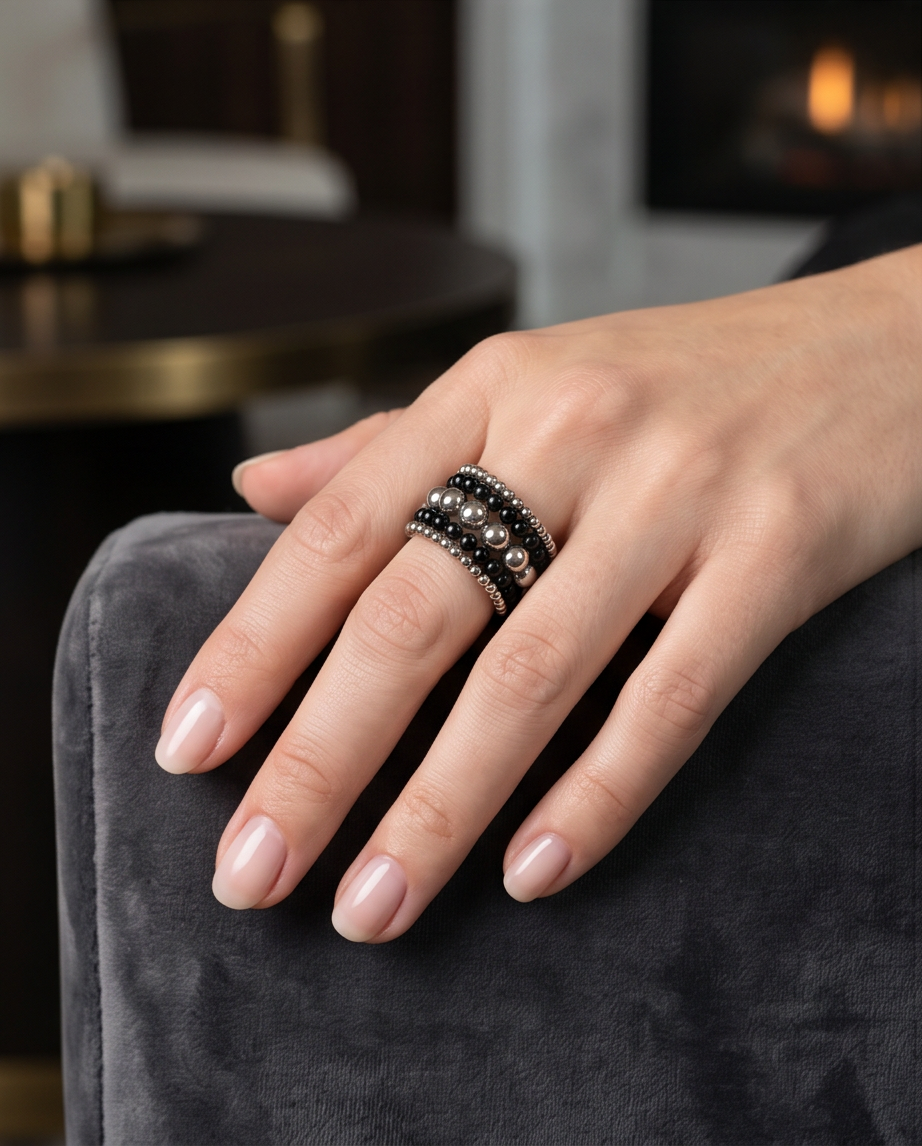 Black Onyx & Silver Bead Stacked Wide Band Ring flat lay on white marble surface