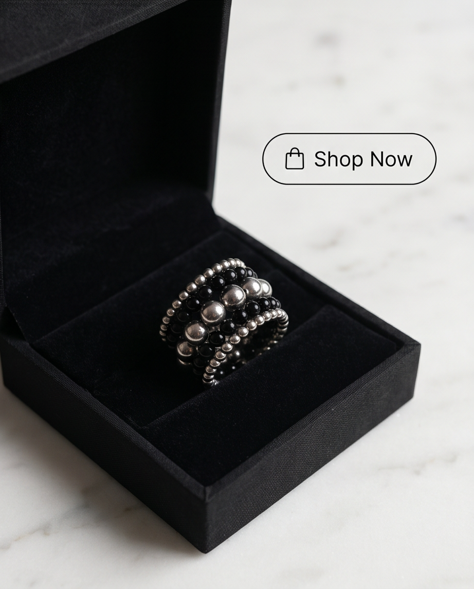 Black Onyx & Silver Bead Stacked Wide Band Ring macro close-up showing bead texture and silver orb detail