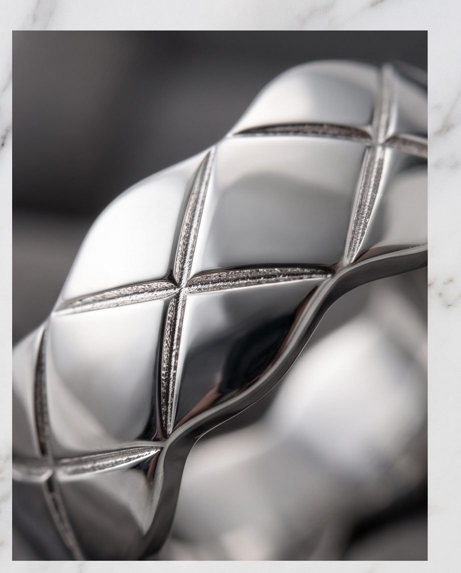 Model wearing silver quilted dome ring holding crystal glass