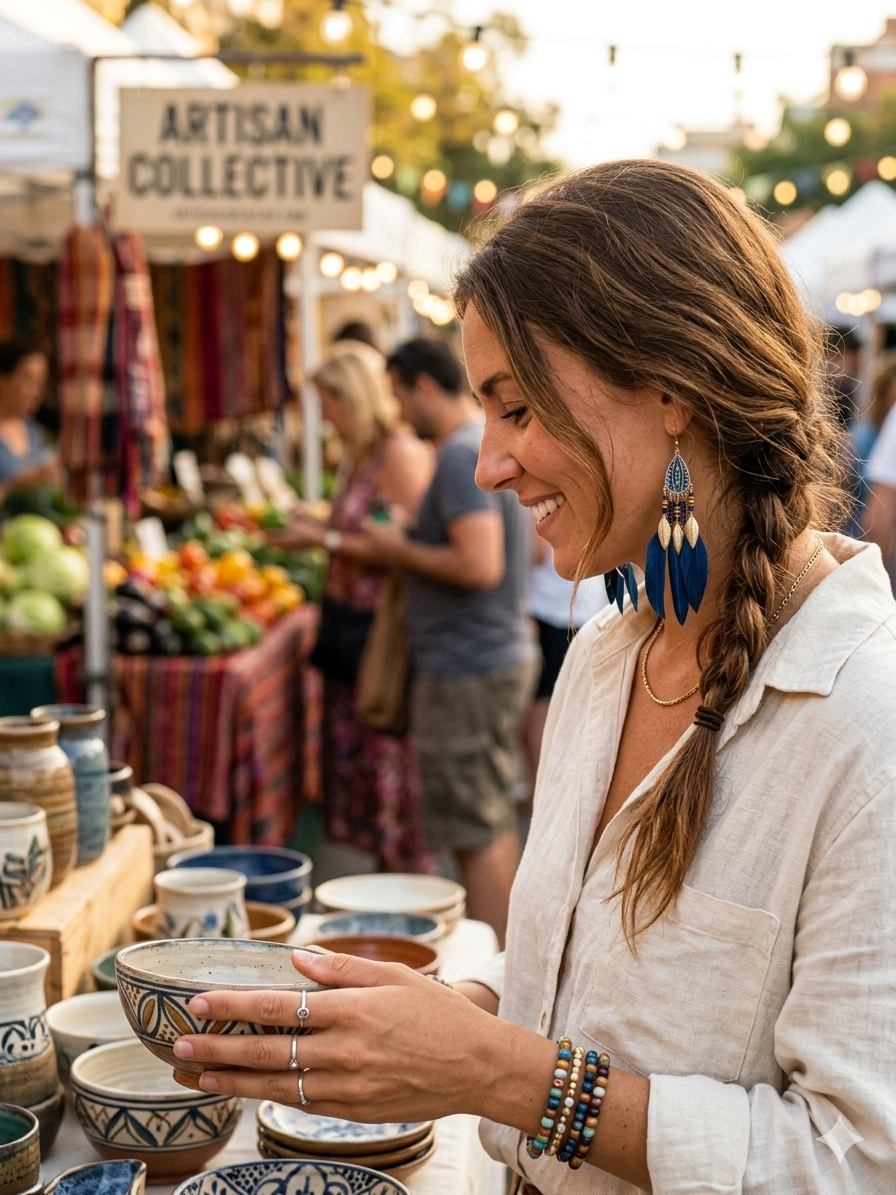 Blue Feather & Gold Leaf Drop Earrings