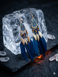Blue Feather & Gold Leaf Drop Earrings