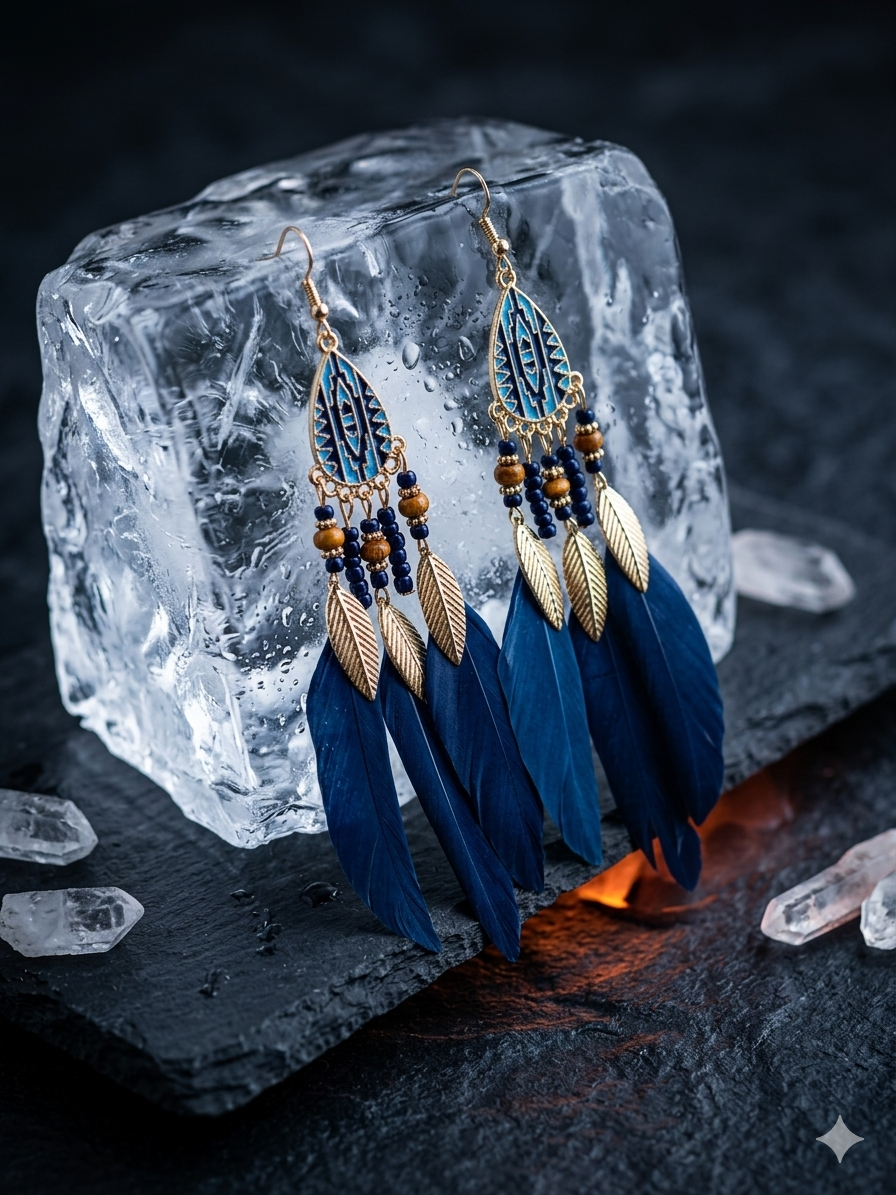 Blue Feather & Gold Leaf Drop Earrings