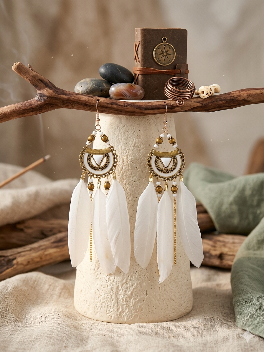 White Feather Gold Chandelier Drop Earrings