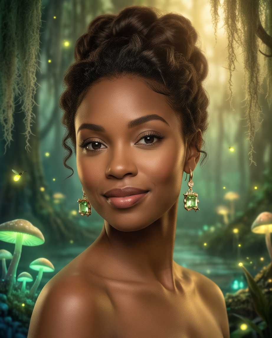 Model in enchanted forest with fireflies wearing gold tone peridot green crystal star frame hook drop earrings