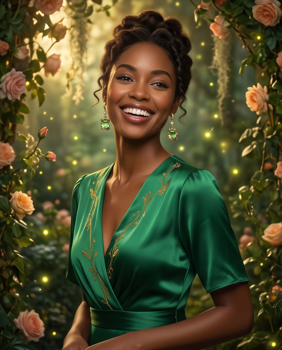 Model smiling in enchanted rose garden wearing gold tone peridot green crystal star frame drop earrings with emerald satin dress